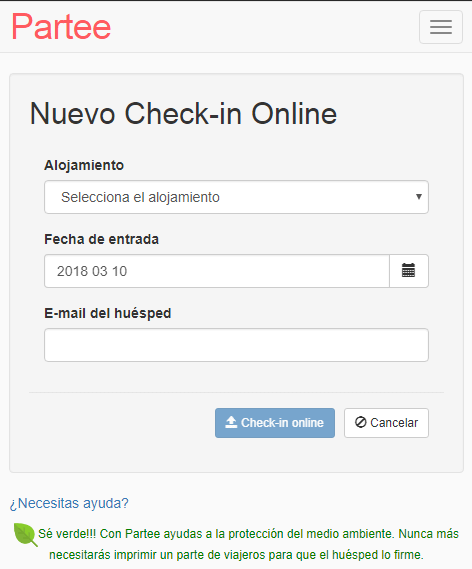 Vista de creación de Check-in Online